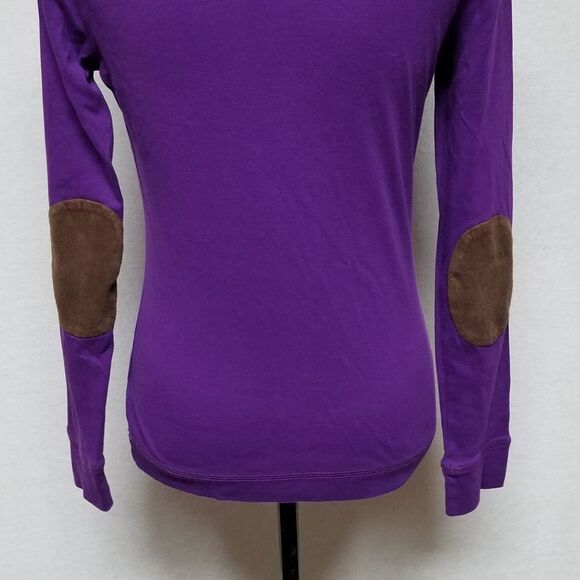 RALPH Lauren Purple Brown Faux Suede Elbow Patch Shoulder Zip Long Sleeve Top - Picture 11 of 13